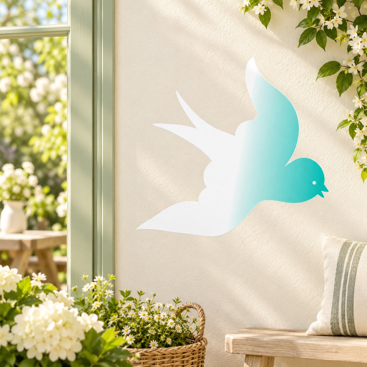 Sparrow silhouette gradient wall sticker in white with teal and blue accents