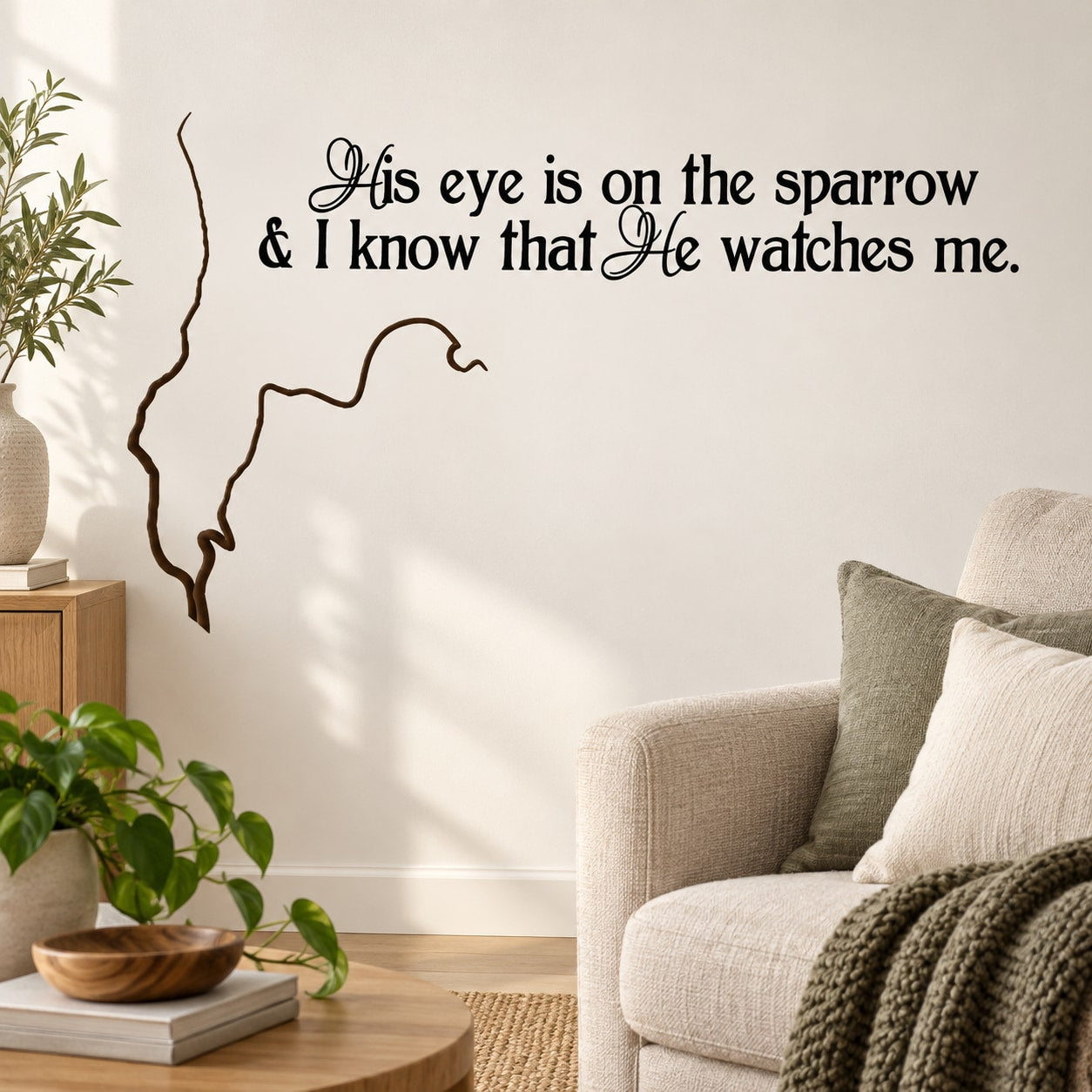 Wall decal with cursive Bible quote and sparrow outline design.