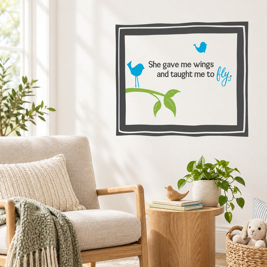 Framed bird wall quote print with blue birds and text inside a black border