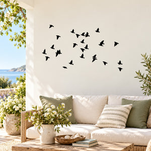 Bird flock wall decal with multiple black flying silhouettes