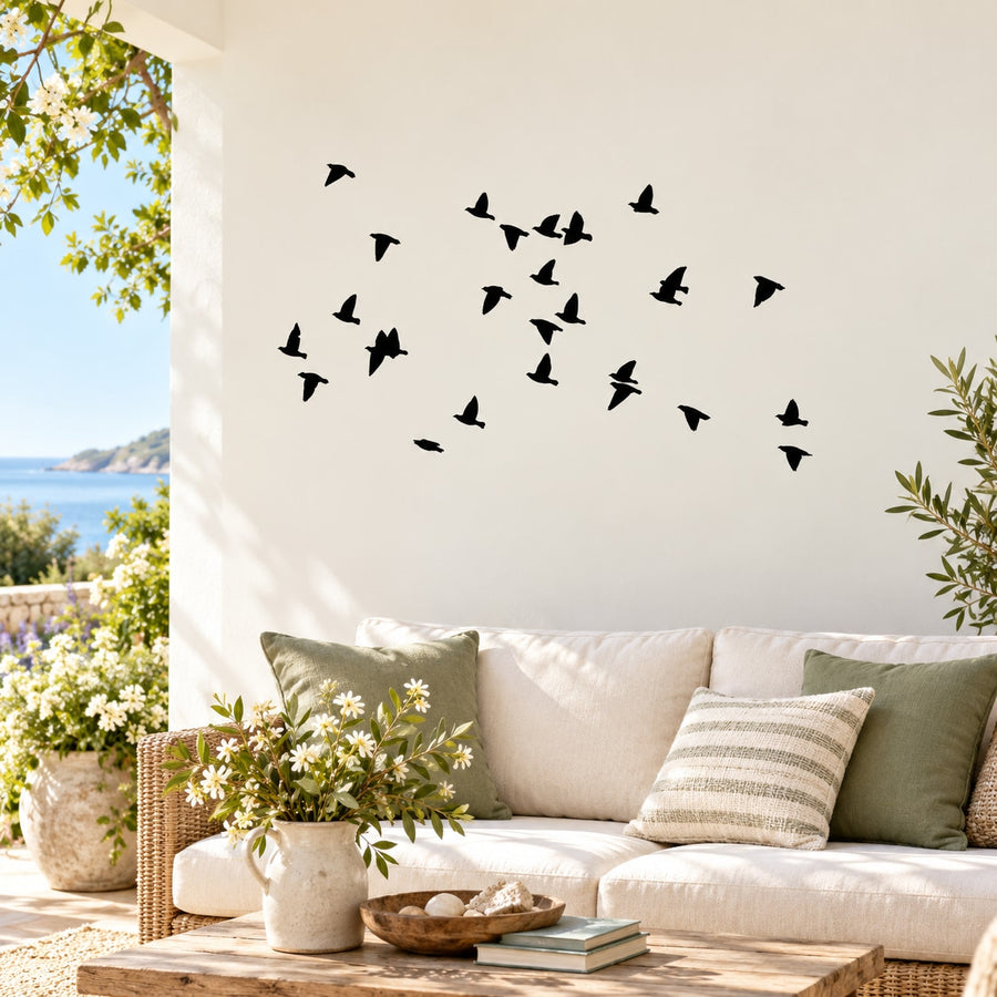 Bird flock wall decal with multiple black flying silhouettes