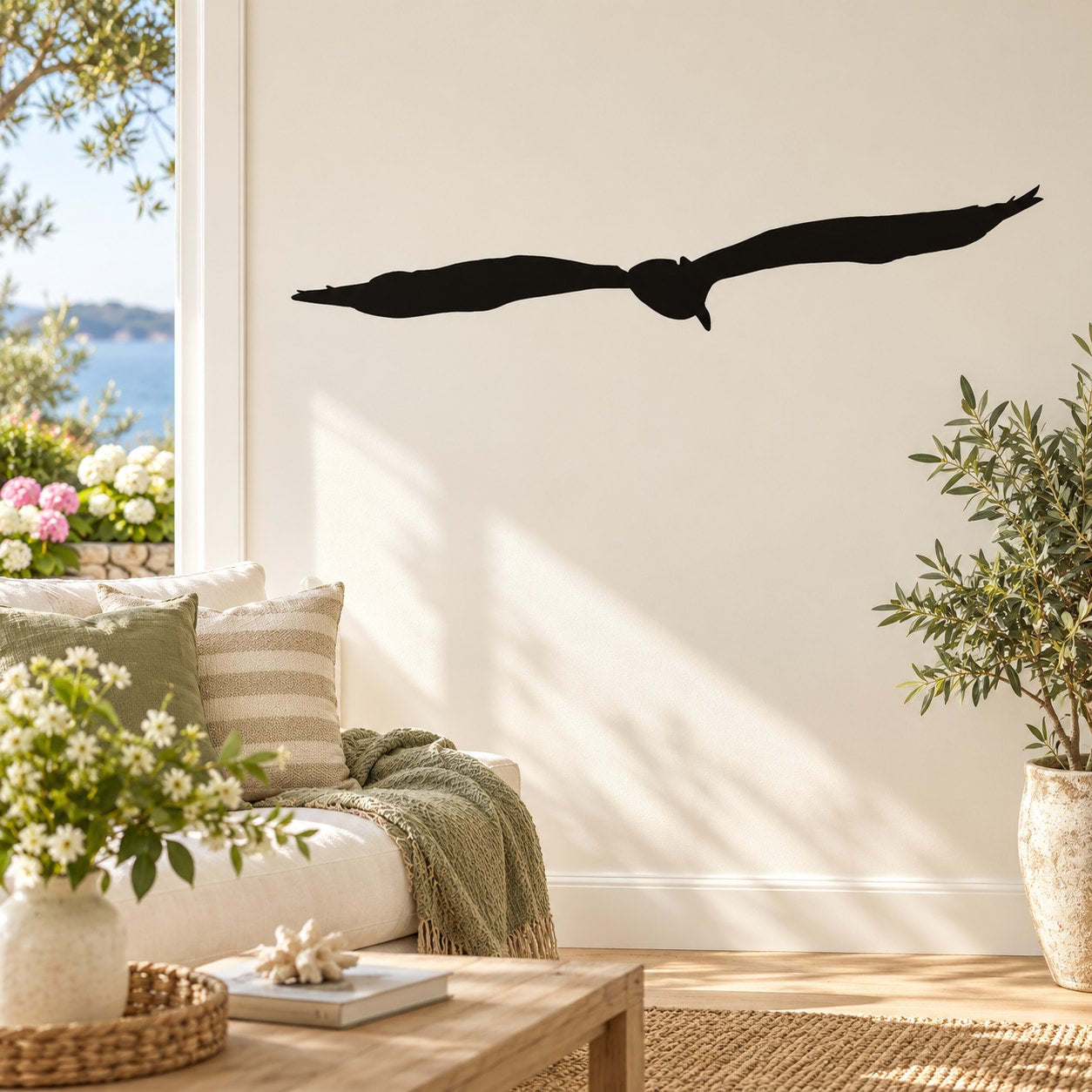 Black stretched-wing seagull decal, wings spread bird silhouette on wall
