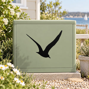Ocean-themed seagull decal, black bird silhouette on a light green panel