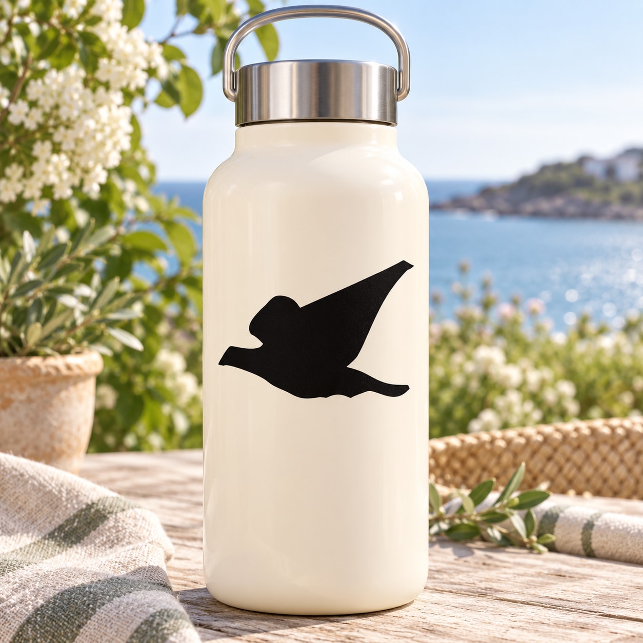 Seagull in-flight decal on a cream water bottle, black bird silhouette