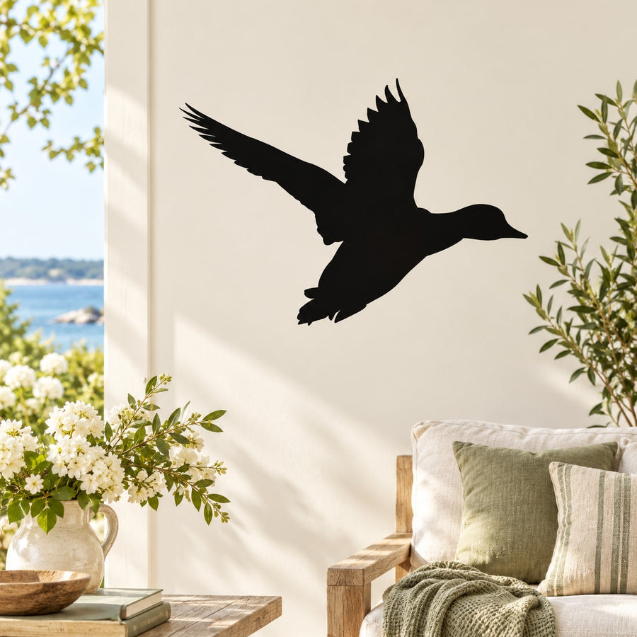 Black flying duck wall decal with wings spread, silhouette design