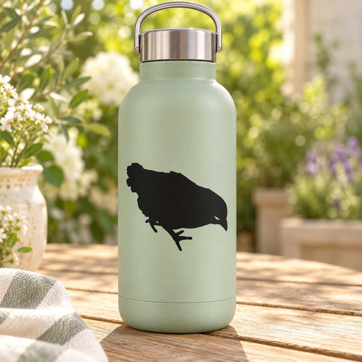 Mint green insulated water bottle with black baby chick decal