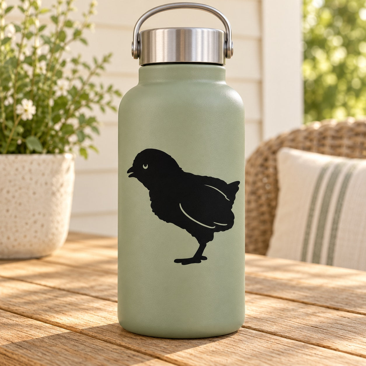 Black baby chick decal on light green bottle