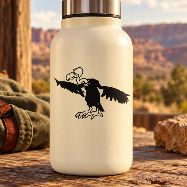 Black vulture silhouette decal with stretched wings on a cream bottle
