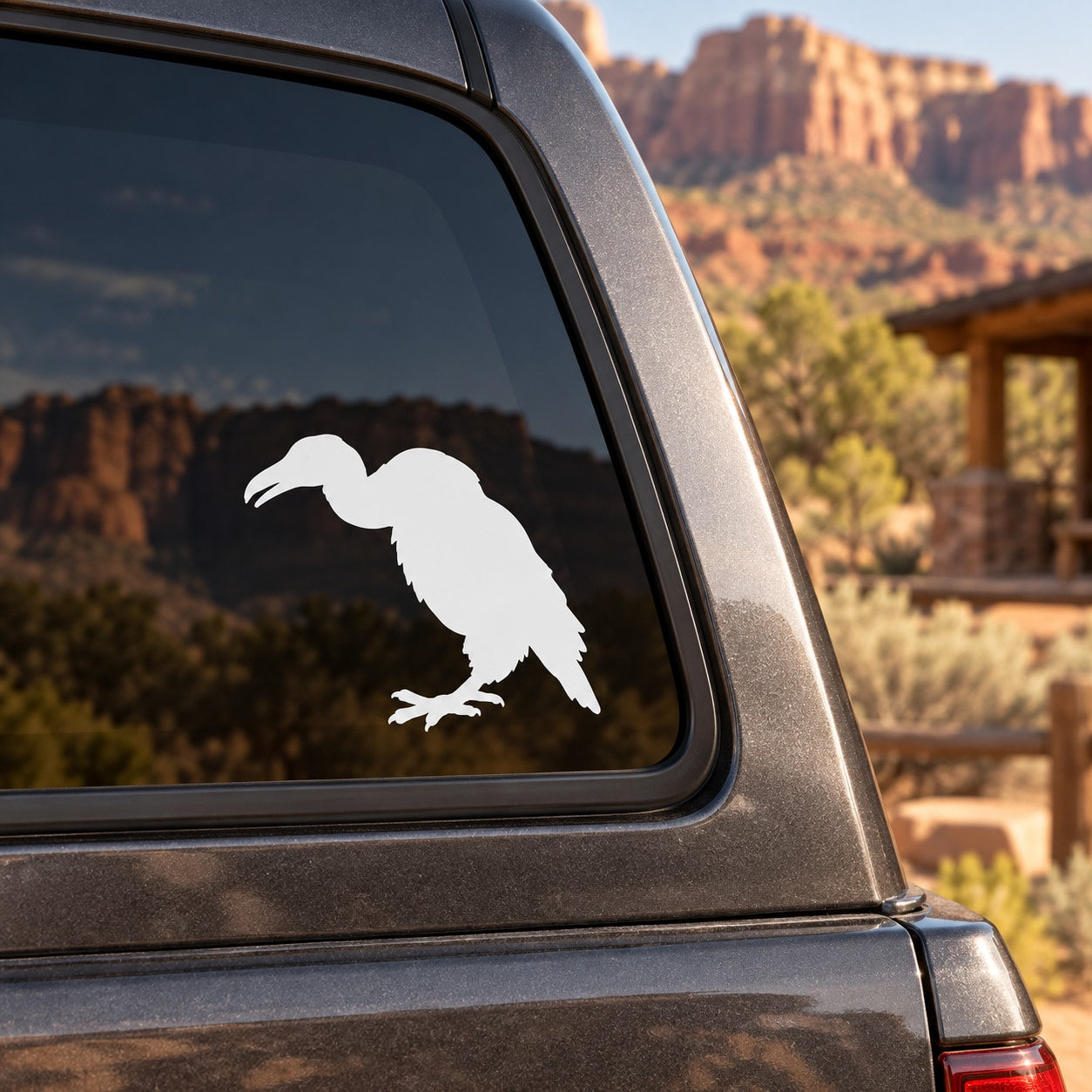 White hunched vulture vinyl decal for car window, silhouette with outstretched wings.