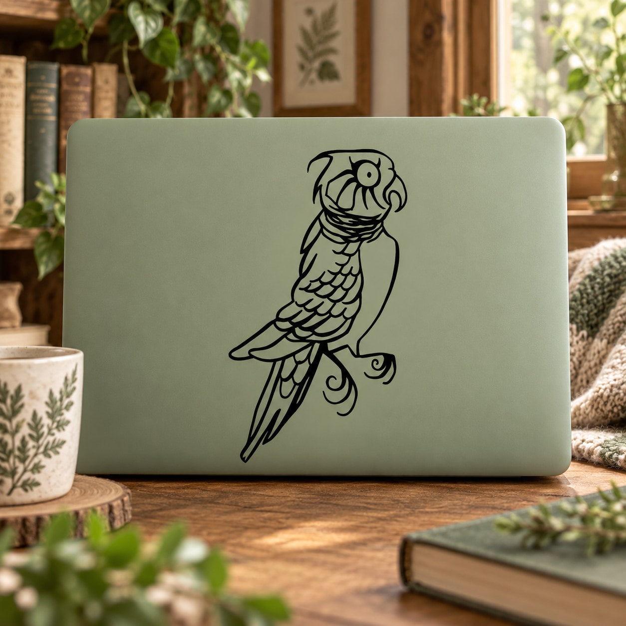 Feathered owl decal with black outline and detailed feather design on a light laptop
