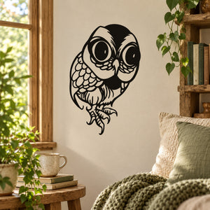 Curled-up owl wall decal with black and white line-art design