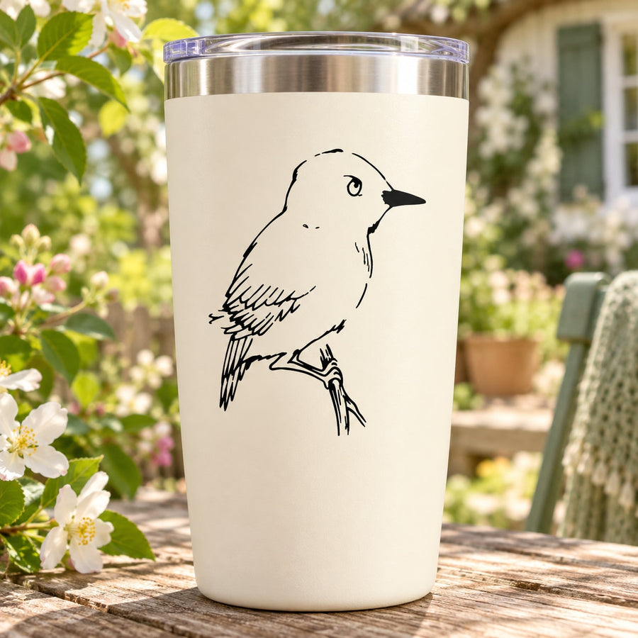 Perched wren bird decal on a white insulated tumbler with clear lid