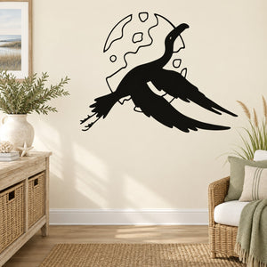 Flying egret wall decal with moon and small planets, black silhouette