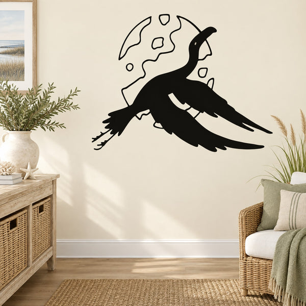 Flying egret wall decal with moon and small planets, black silhouette