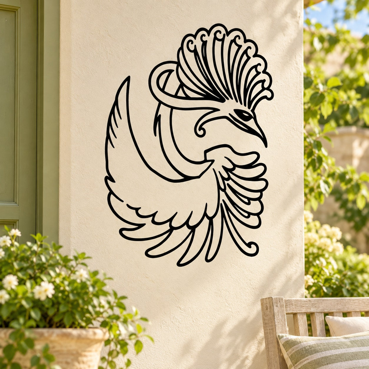 Black peacock decal with flowing feather outline on light background