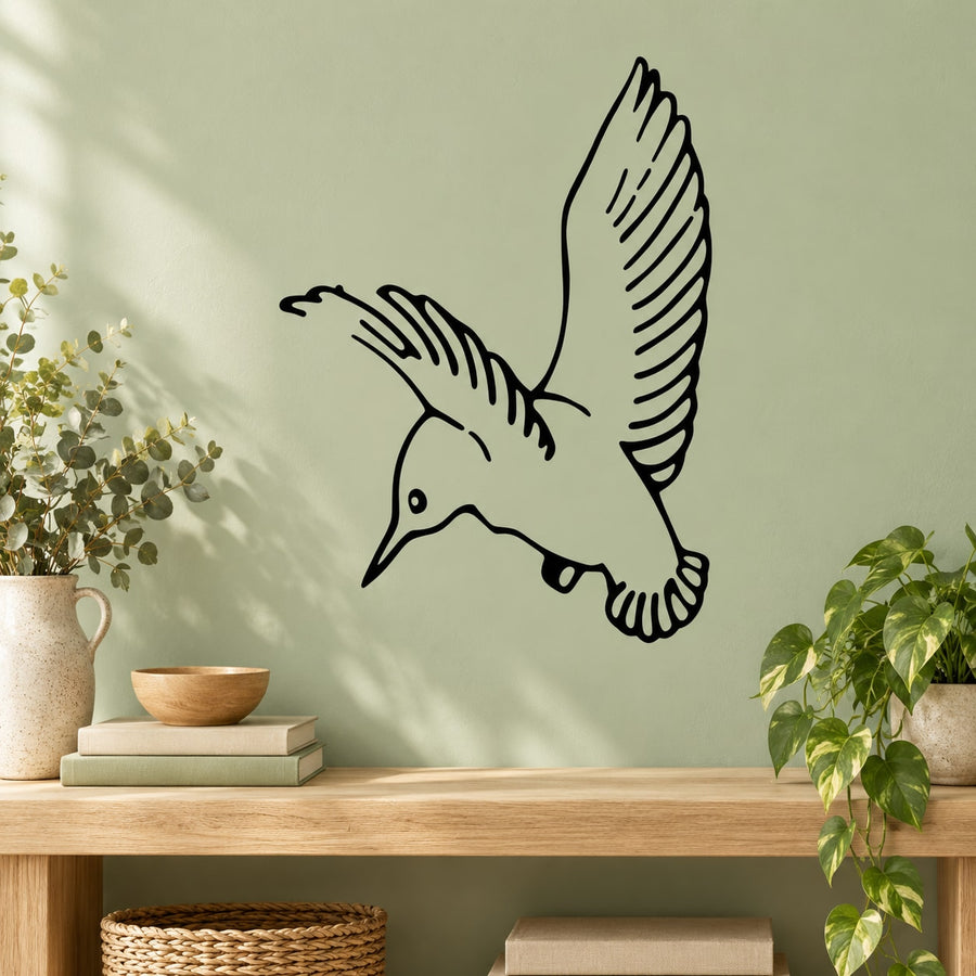 Hummingbird wall decal with outstretched wings, black line art