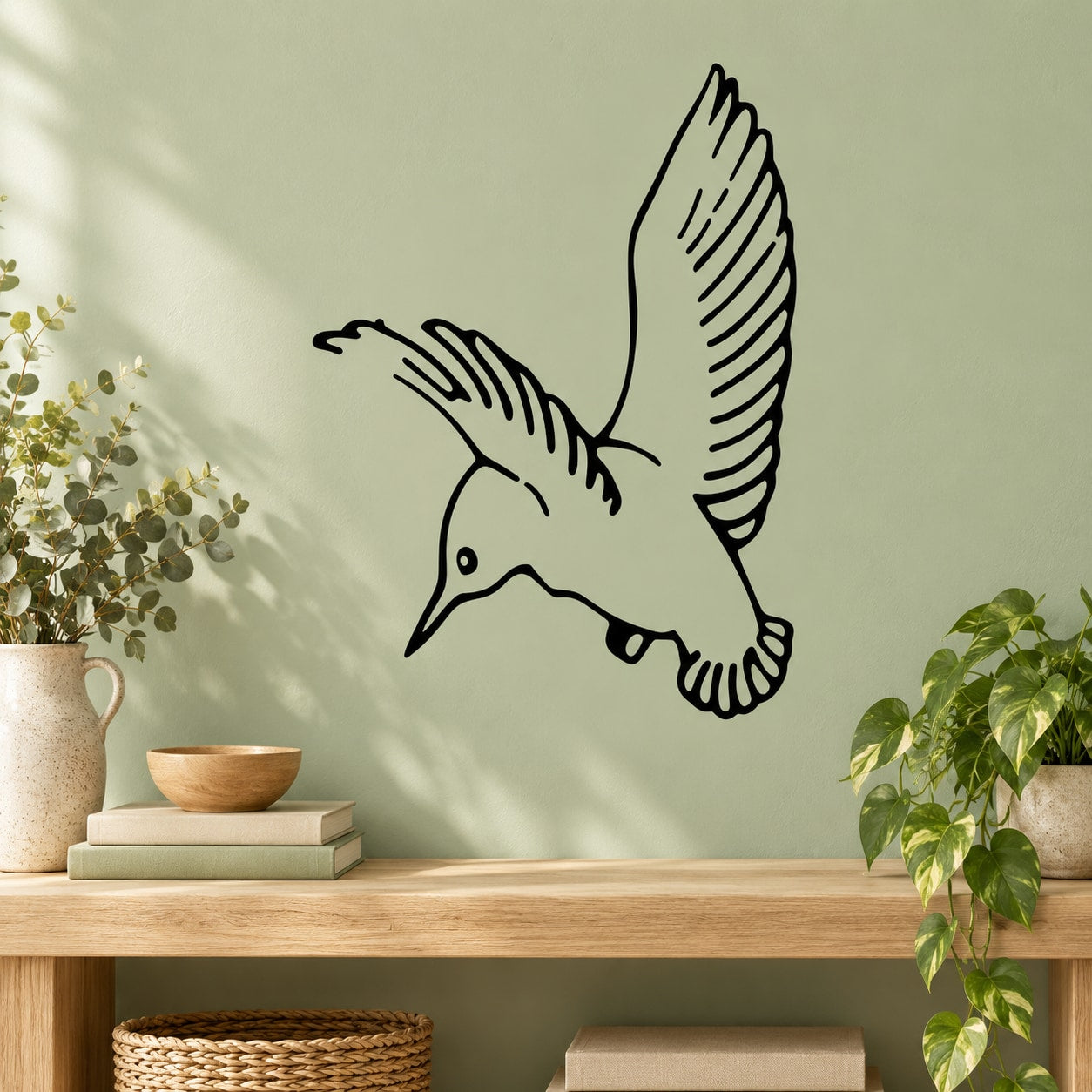 Hummingbird wall decal with outstretched wings, black line art