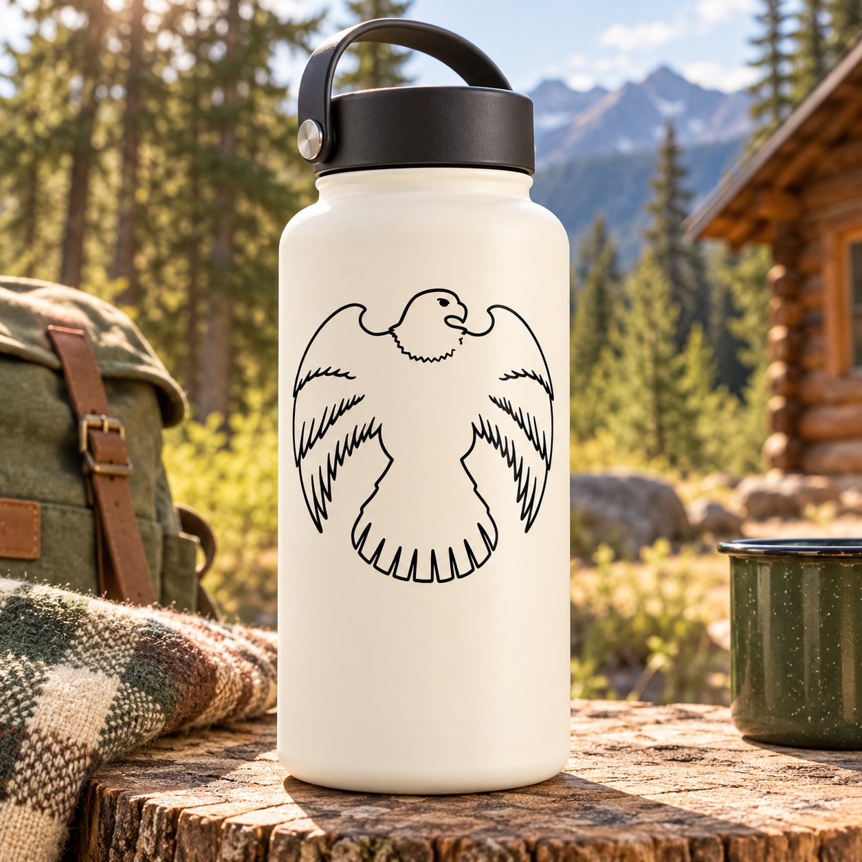 Eagle spread-wing decal on white water bottle with black line-art bird