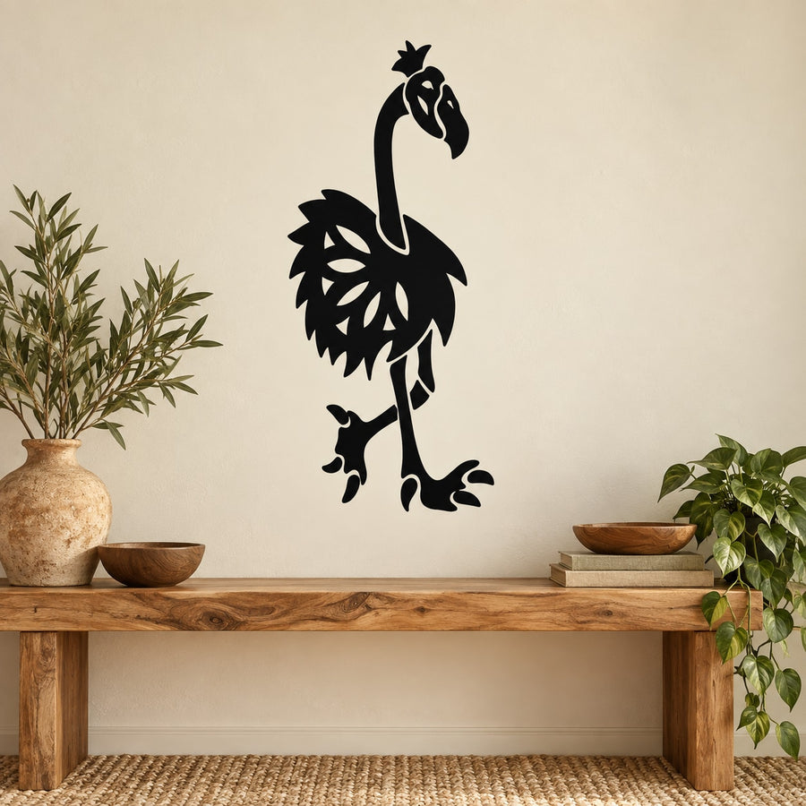 African ostrich wall decal, black silhouette with detailed feather plume and legs