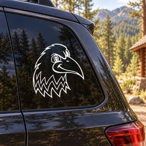 Cartoon smirking eagle head decal, white line art on dark surface