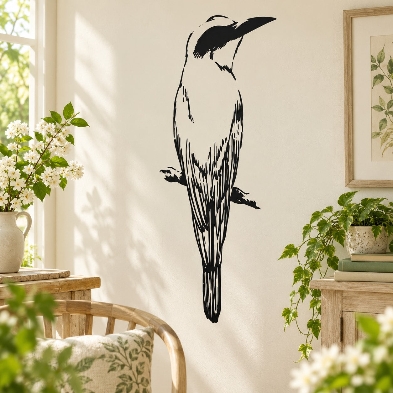 Woodpecker bird wall decal, black silhouette with long beak and tail