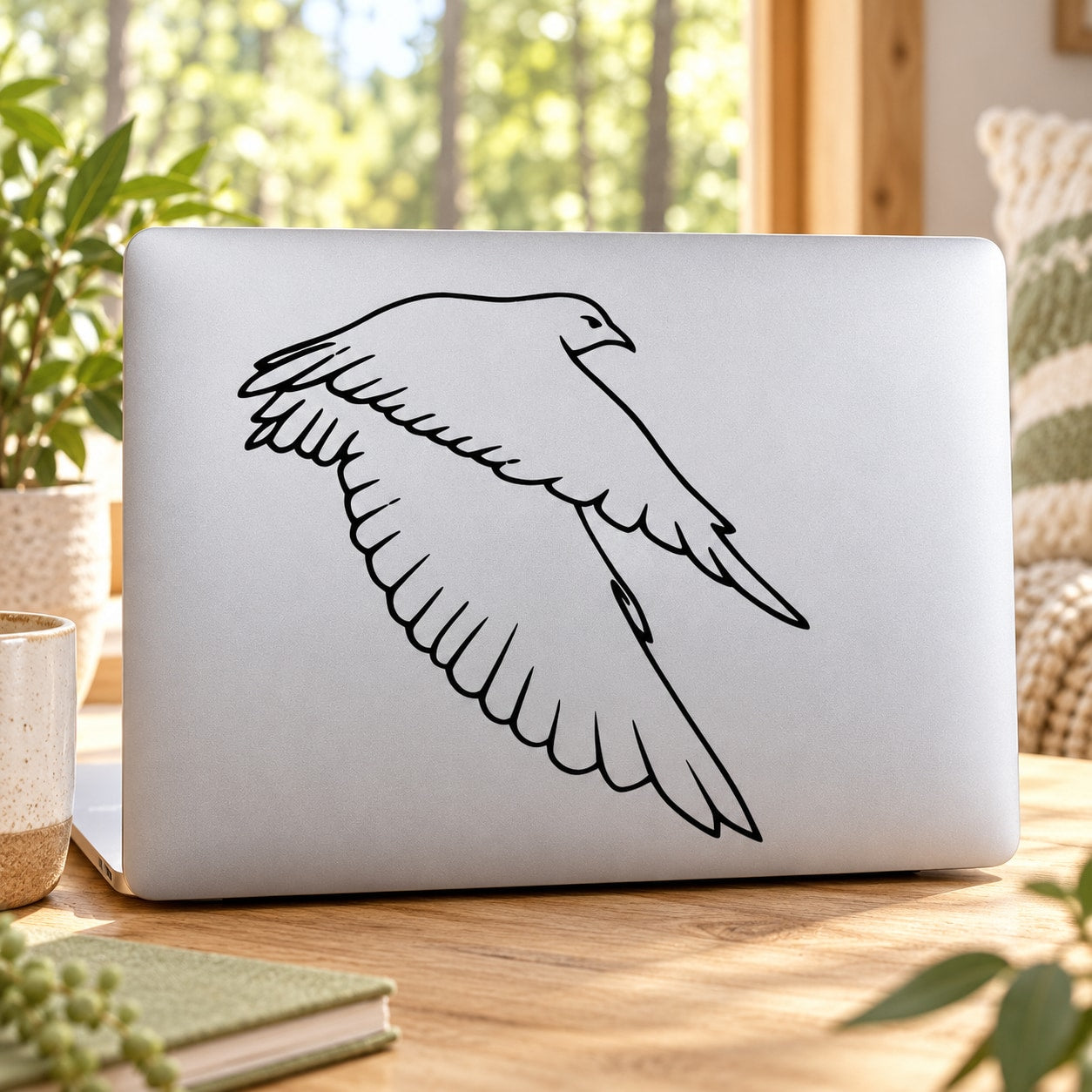Black flying falcon wing line-art decal on a white surface