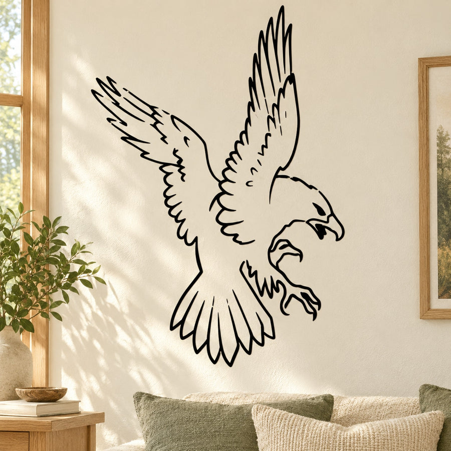 Attacking falcon wall decal, black outline bird with wings spread and claws down