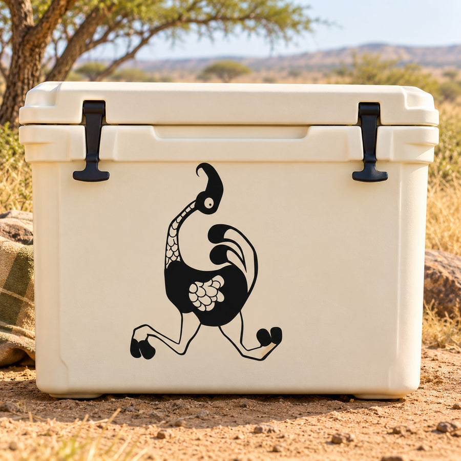 Black abstract ostrich decal sticker on white rectangular cooler