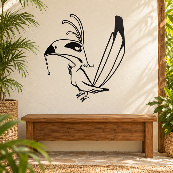 Upset toucan wall decal in black and white, arched beak and feathered wings