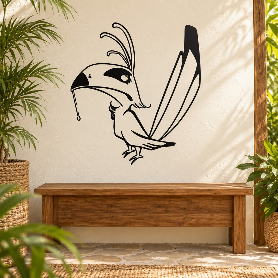 Upset toucan wall decal in black and white, arched beak and feathered wings