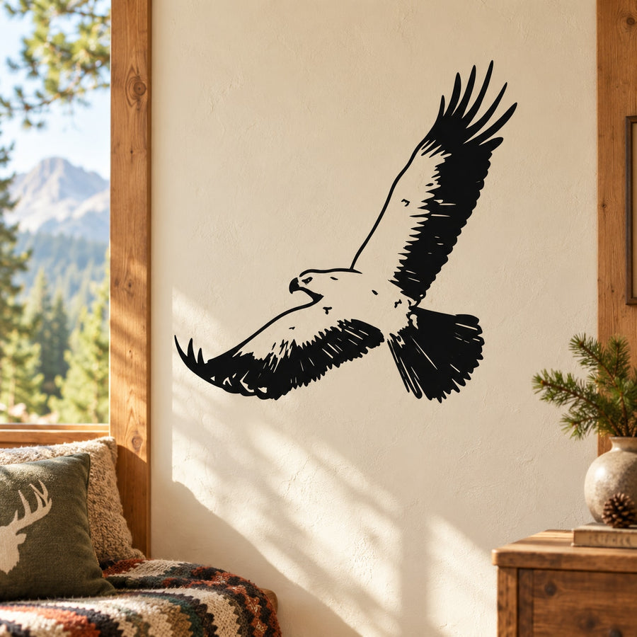 Black hawk silhouette wall decal with wings spread