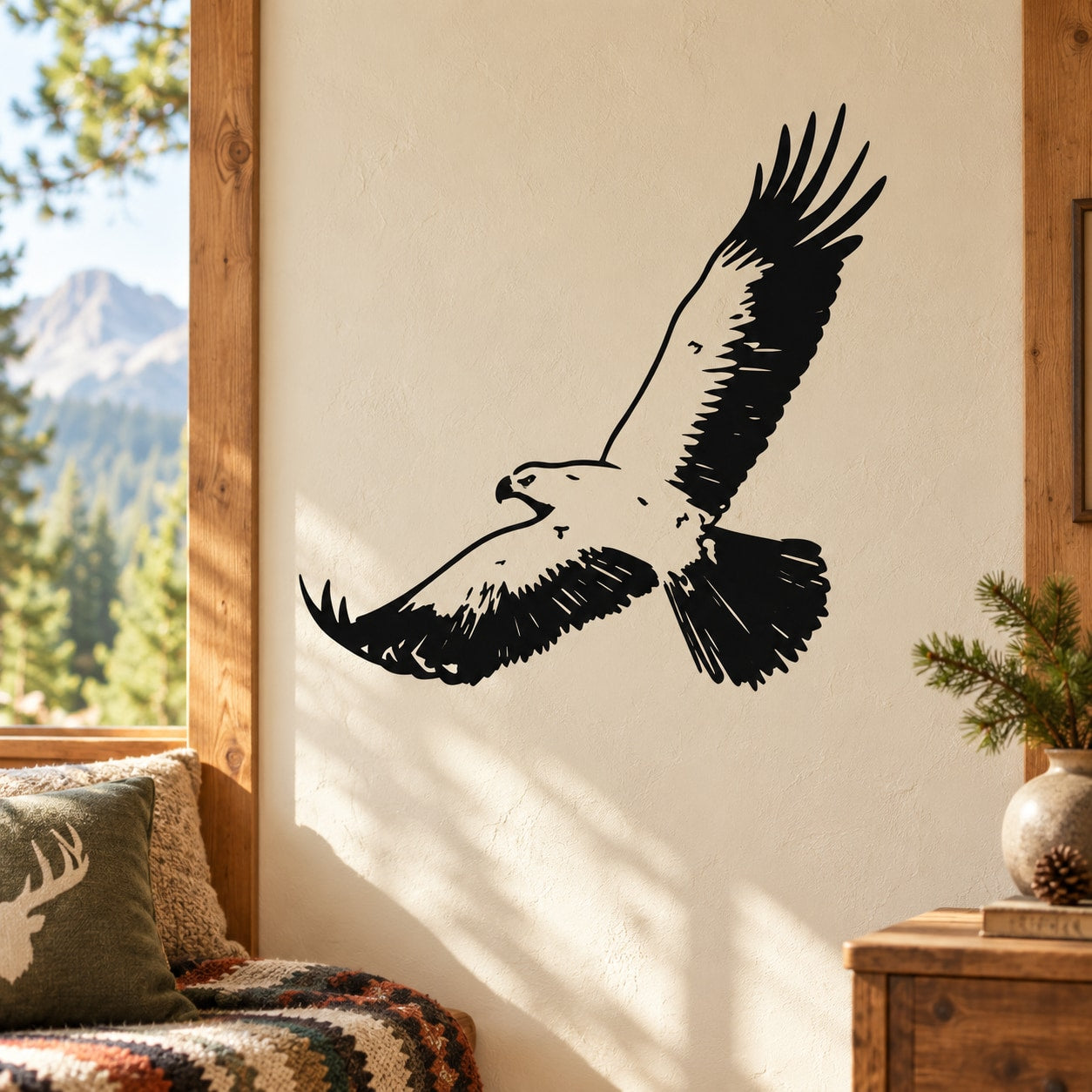 Black hawk silhouette wall decal with wings spread