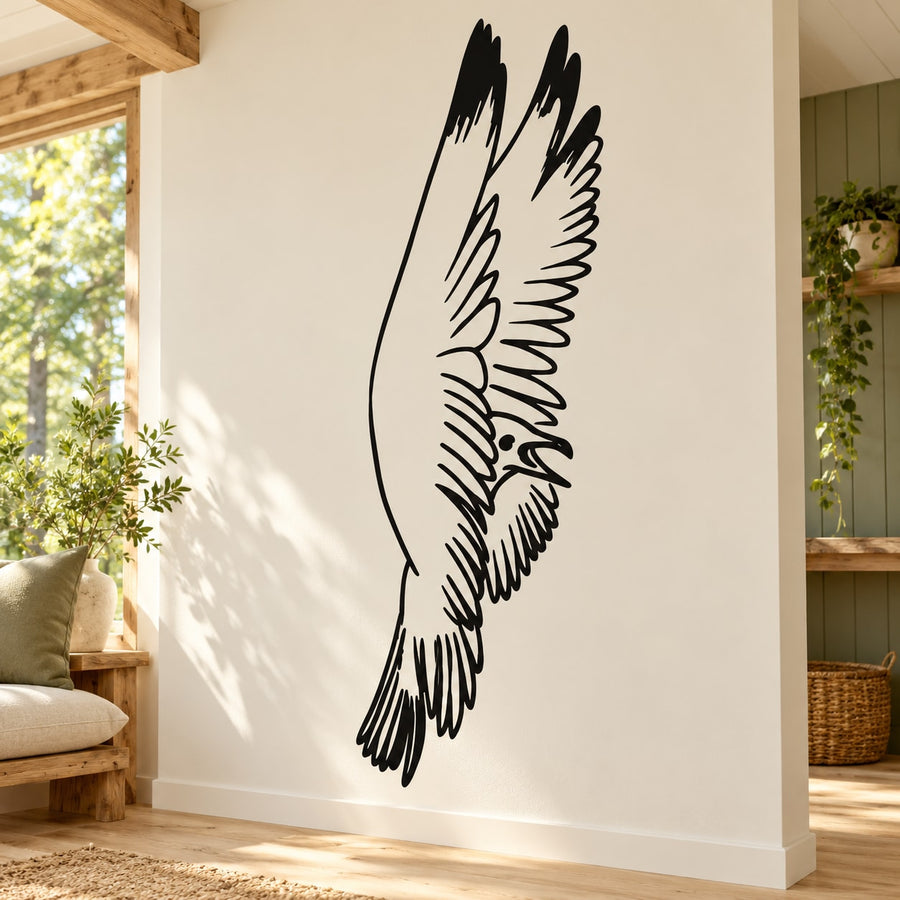 Open-wing falcon decal, black stylized bird wing silhouette