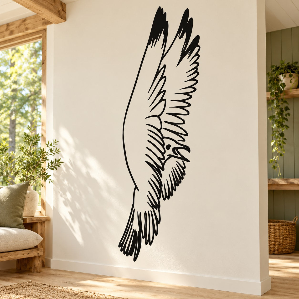 Open-wing falcon decal, black stylized bird wing silhouette