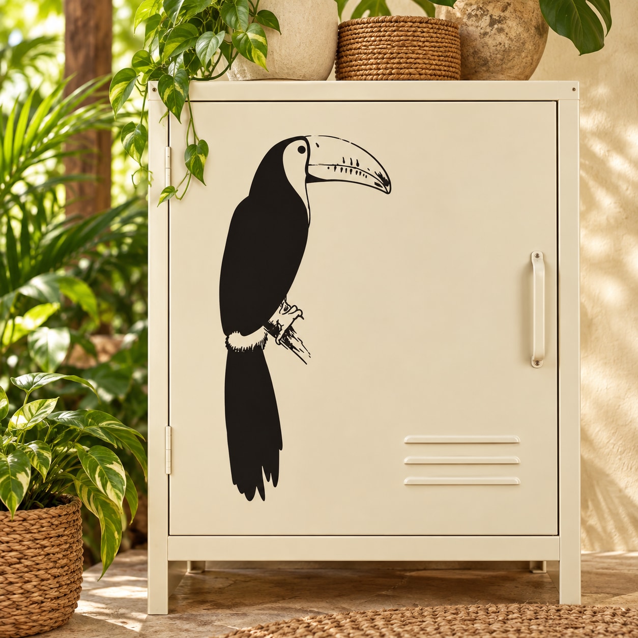 Toucan decal with black and white bird illustration on a light background panel