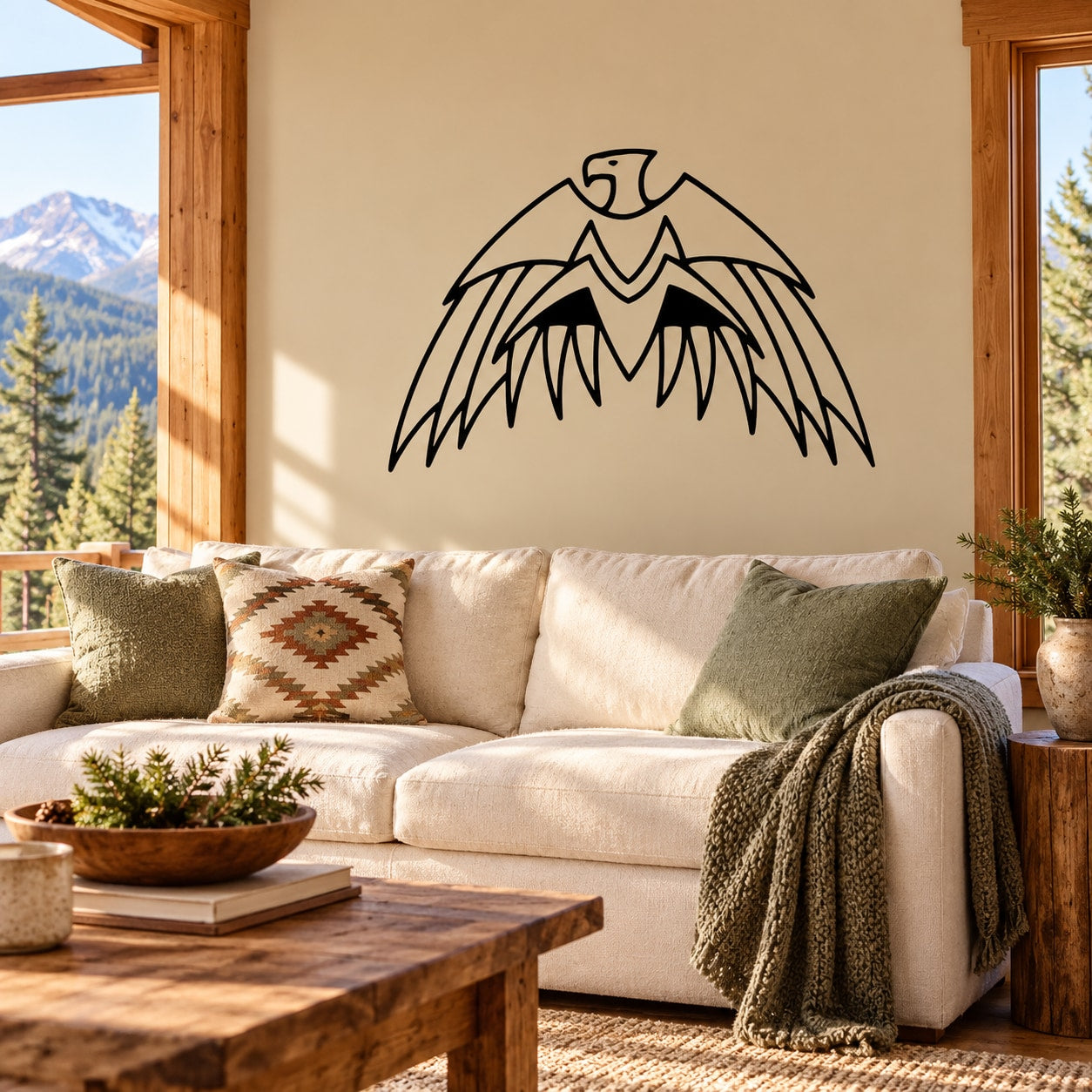 Aztec eagle wall decal, black outline design on wall