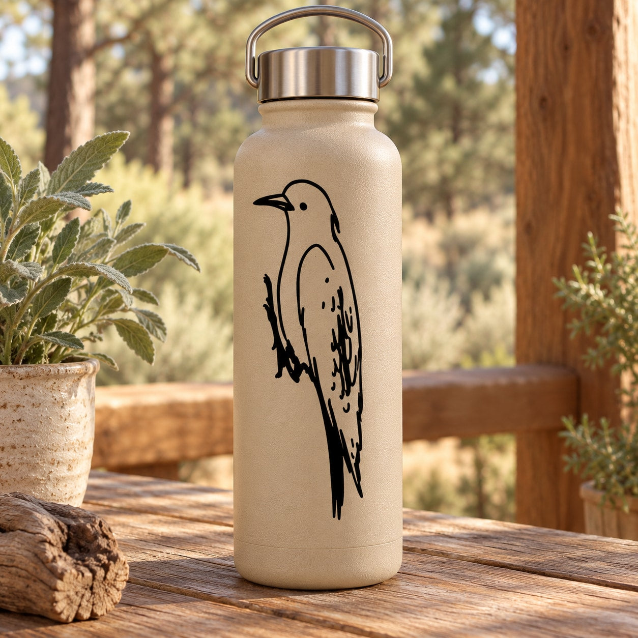Woodpecker climbing decal, black woodpecker silhouette on light beige surface