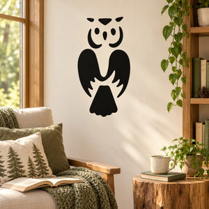 Black simplified owl face and wings wall decal