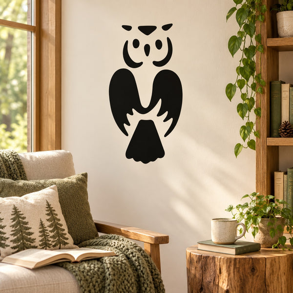 Black simplified owl face and wings wall decal