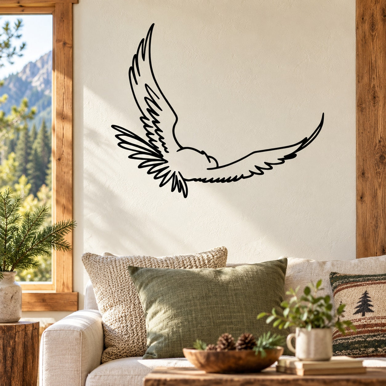Hawk wing-flight wall decal with black outline and white background