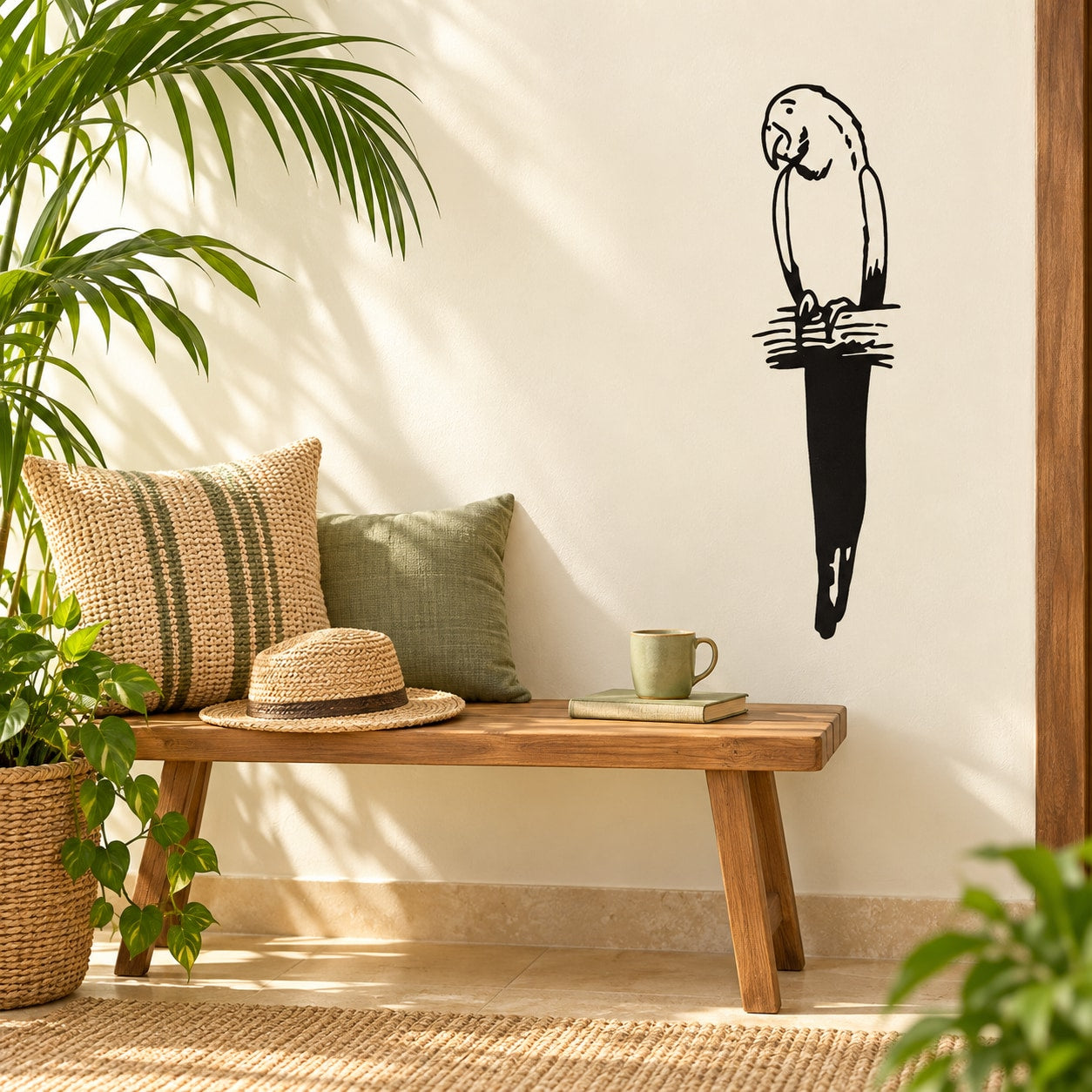 Black parrot line-art wall decal with head tilted forward