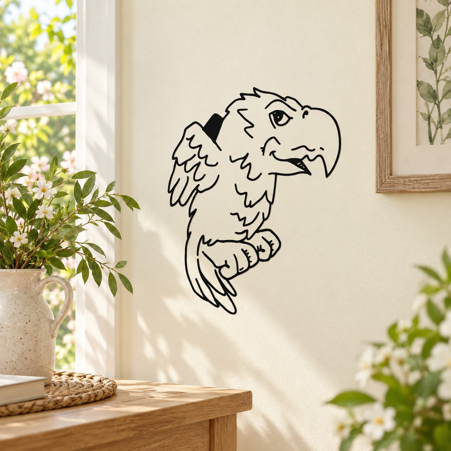 Smiling parrot wall decal, black line art of a friendly parrot head and body