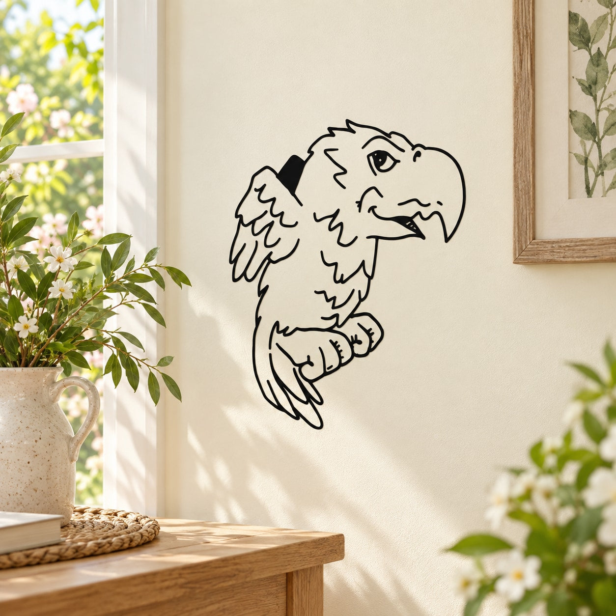 Smiling parrot wall decal, black line art of a friendly parrot head and body