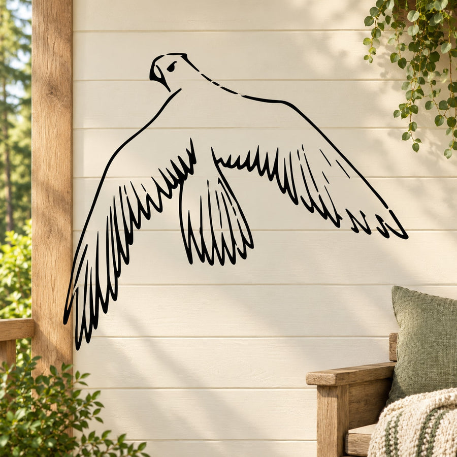 Flying falcon line-art wall decal with black outline