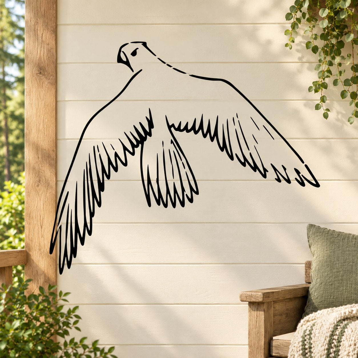 Flying falcon line-art wall decal with black outline