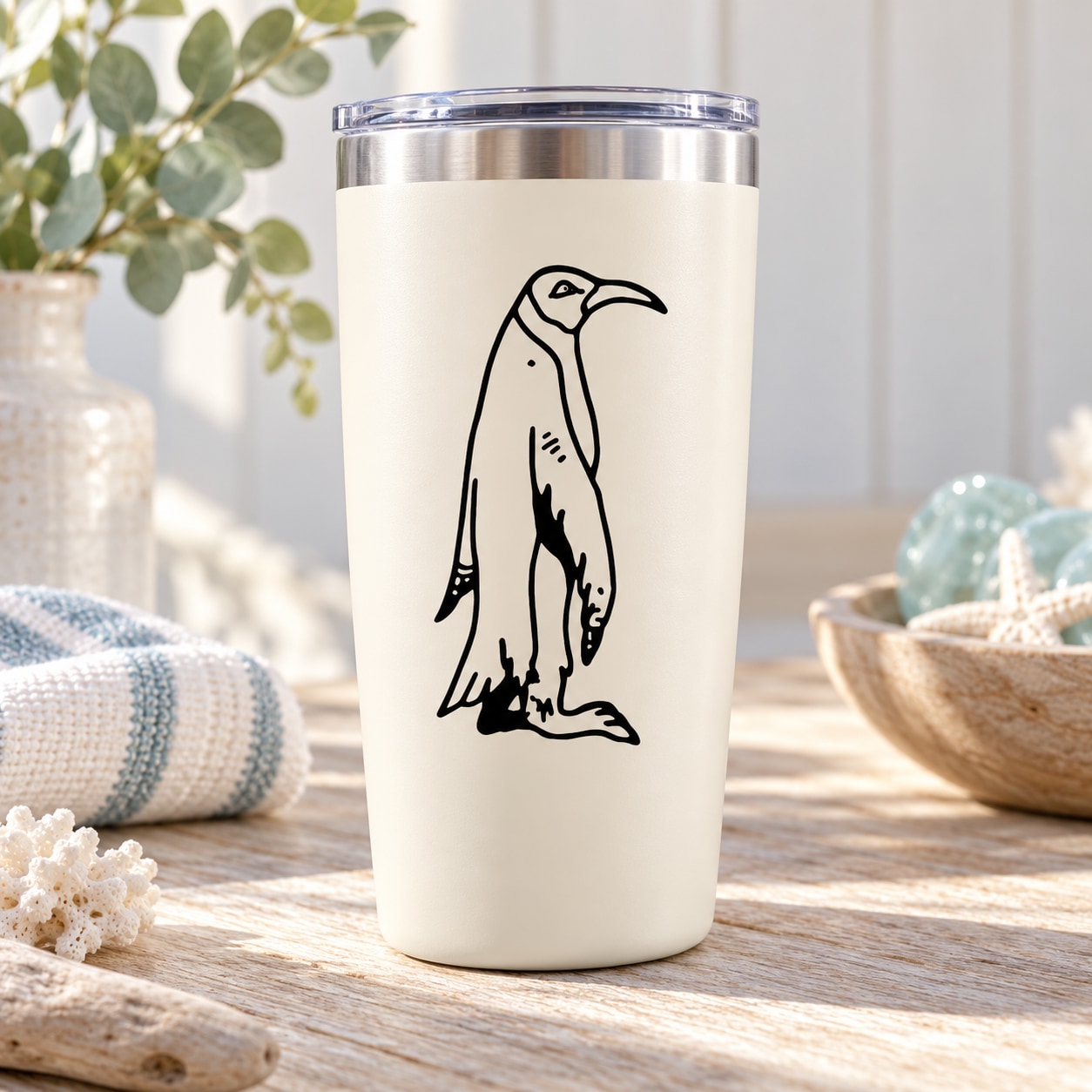 Emperor penguin decal on white tumbler with black bird illustration