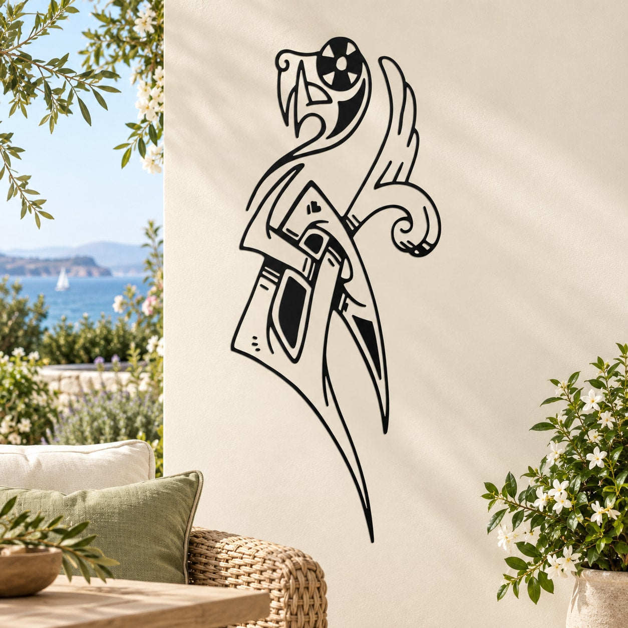 Graffiti flamingo wall decal, black outline design holding a boombox