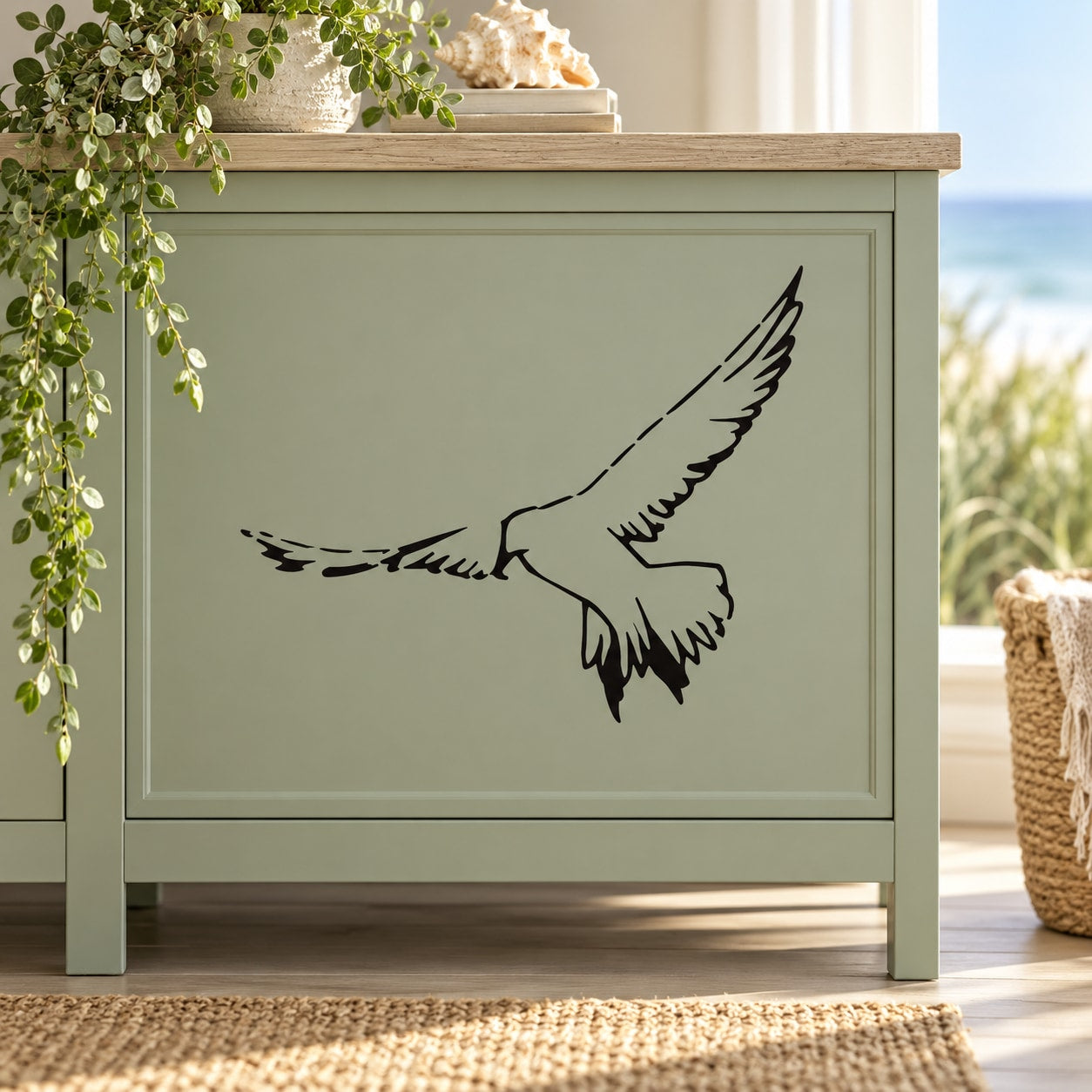 Sea bird decal: black line-art bird in mid-flight on cabinet door