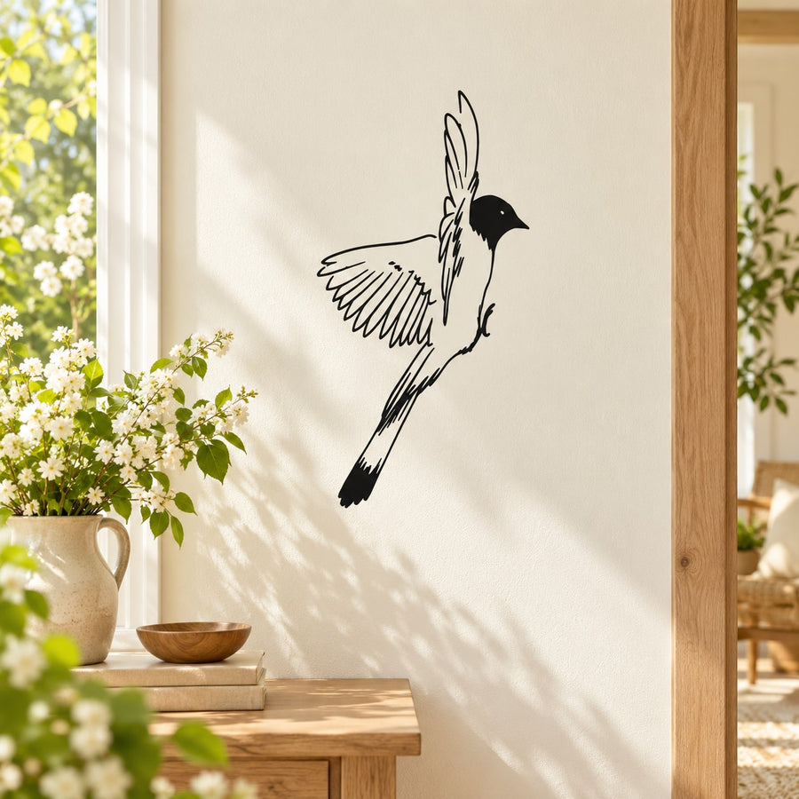 Oriole bird decal with black-and-white flying bird illustration