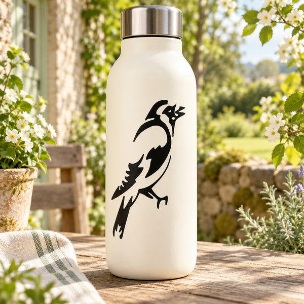 Goldfinch bird decal showing a black outline on a white bottle